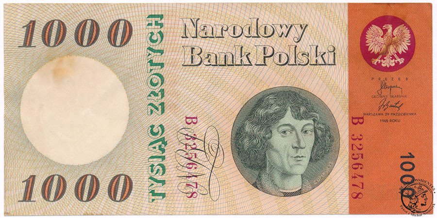 Banknot 1000 złotych 1965 Kopernik seria B st 2 archiwum niemczyk pl