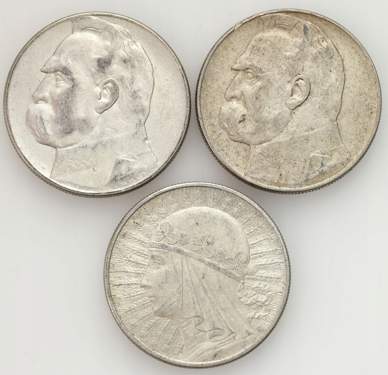 II RP 10 złotych 1932 i 1936 Głowa Kobiety Piłsudski SREBRO 3 szt