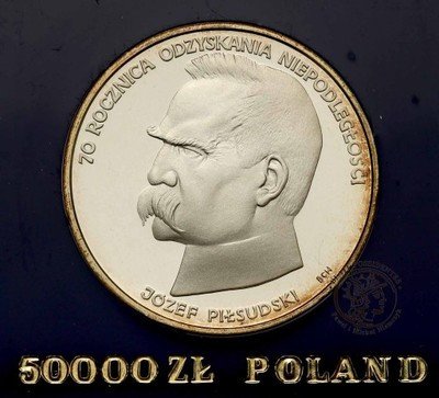 PRL 50 000 złotych 1988 Piłsudski st.L lustrzanka