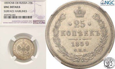 Rosja Mikołaj I 1/4 rubla 1859 FB NGC UNC Details