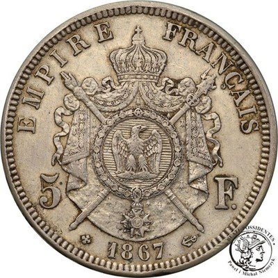 Francja 5 franków 1867 BB st.3+