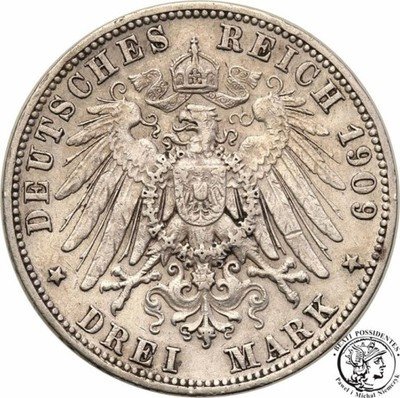 Niemcy Wirtembergia 3 Marki 1909 F st.3+