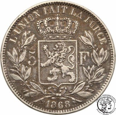 Belgia 5 Franków 1868 st.3+