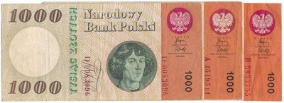 Banknoty 3 x 1000 złotych 1965 Kopernik A,B,D