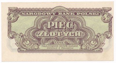 RZADKI Banknot 5 złotych 1944 (UNC) IDEALNY