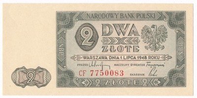 Banknot 2 złote 1948 CF (UNC) PIĘKNY