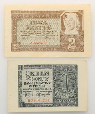 Banknoty 1 + 2 złote 1941 (UNC-) PIĘKNE
