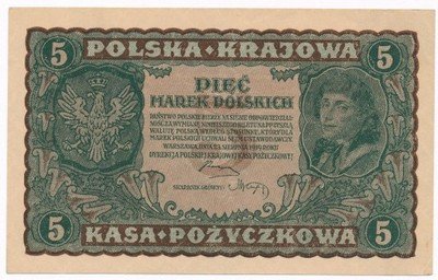 Banknot 5 marek polskich 1919 (UNC-) PIĘKNY