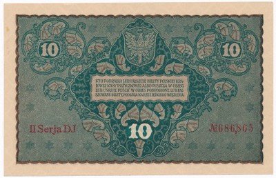 Banknot 10 marek polskich 1919 (UNC) PIĘKNY