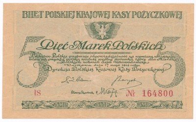 Banknot 5 marek polskich 1919 IS st.2 ładne