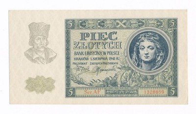 Banknot 5 złotych 1941 AF (UNC-) PIĘKNY