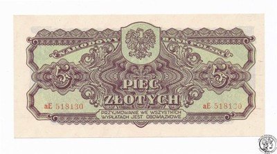 RZADKI Banknot 5 złotych 1944 (UNC) PIĘKNY