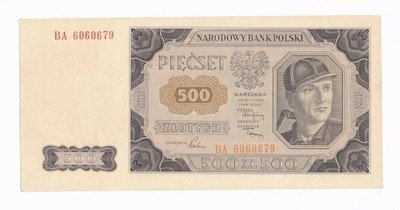 Banknot 500 złotych 1948 BA (UNC-) PIĘKNY