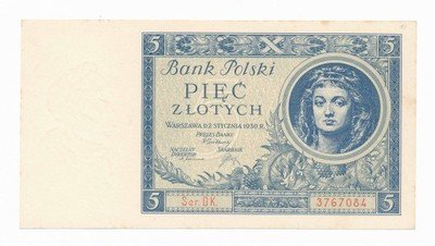 Banknot 5 złotych 1930 DK (UNC) PIĘKNY