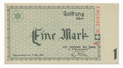 Getto Łódź 1 Marka 1940 Odmiana 6 cyfr UNC PIĘKNE