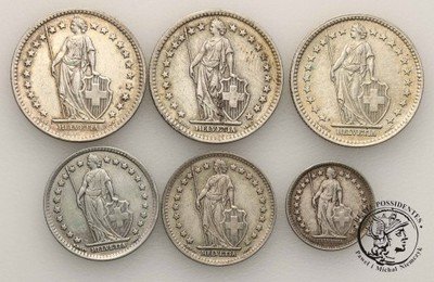 Szwajcaria monety srebrne XX w. zestaw 6 sztuk st3