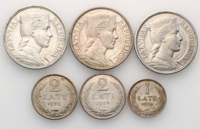 Łotwa monety srebrne zestaw 6 sztuk st.3/3+
