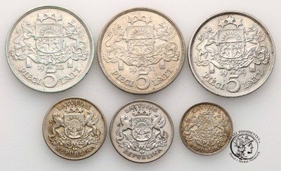 Łotwa monety srebrne zestaw 6 sztuk st.3/3+