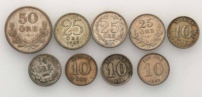 Szwecja srebro XIX-XX w. zestaw 9 sztuk st.3/3+