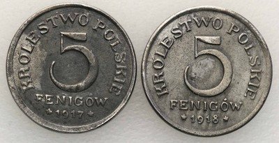 Królestwo Polskie 5 fenigów 1917 + 1918 lot 2 szt
