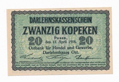 Banknot Poznań 20 kopiejek 1916 st.1 PIĘKNY UNC