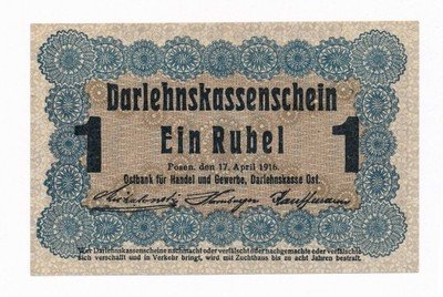 Banknot Poznań 1 rubel 1916 st.1 PIĘKNY UNC
