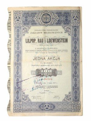 II RP akcja 100 złotych LILPOP Warszawa 1937 st.3+