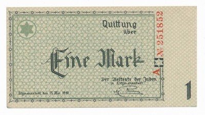Banknot Getto Łódź 1 marka 1940 st1/1- PIĘKNY UNC-