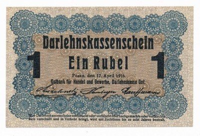 Banknot Poznań 1 rubel 1916 st.1 PIĘKNY UNC