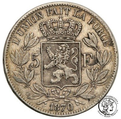 Belgia 5 franków 1870 st.3+
