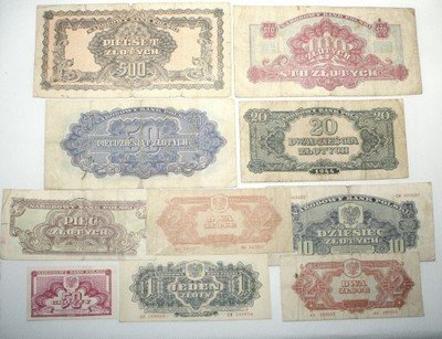 Zestaw banknotów 1-500 złotych 1944 - 10 szt.