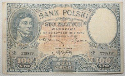 Polska 100 złotych 1919 Kościuszko st. 3+