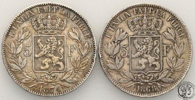 Belgia 5 franków 1868 + 1874 lot 2 szt. st.3
