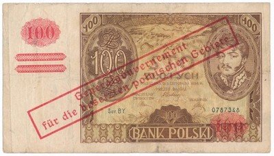 Polska Gen Gub 100 zł 1934 nadruk falsyfikat st.3