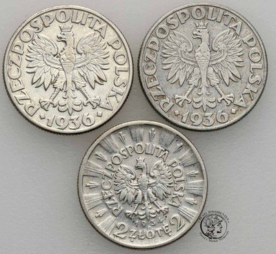2 złote Piłsudski + żaglowiec 1934-36 (3 szt) st3+