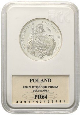 PRÓBA SREBRO 200 złotych 1980 Chrobry PR64