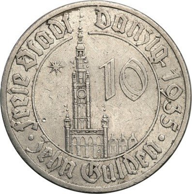 Gdańsk/Danzig 10 guldenów 1935 Ratusz RZADKIE