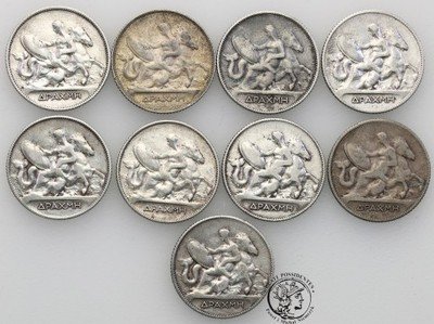 Grecja 1 drachma 1910 + 1911 lot 9 szt st. 3/3+