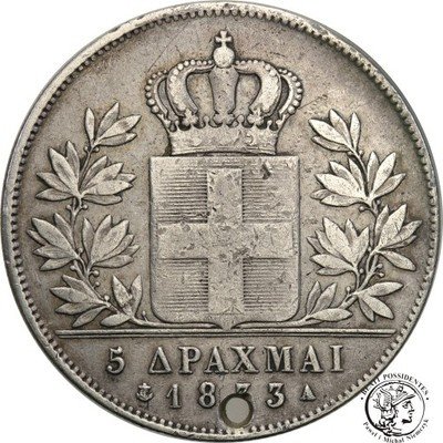 Grecja 5 drachm 1833 A (dziura) st. 4