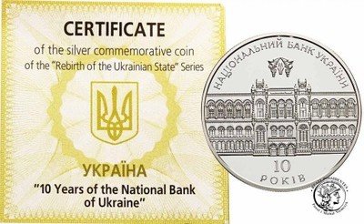 Ukraina 10 hrywien 2001 10 lat banku Ukrainy st. L