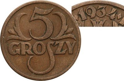 5 groszy 1934 ORYGINAŁ st.3 NAJRZADSZE