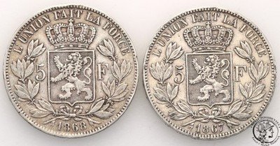 Belgia 5 franków 1867 + 1868 lot 2 szt. st.3