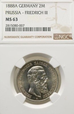 Niemcy Prusy 2 Marki 1888 A Fryderyk III NGC MS63