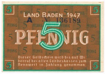 Banknot Niemcy Land Baden 1947 5 Pfenig s.1-