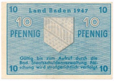 Banknot Niemcy Land Baden 1947 10 Pfenig s.2