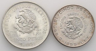 Meksyk 5 Pesos 1951 + 1955 zestaw 2 sztuk st.1/2
