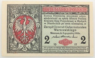 Banknot 2 marki polskie 1916 B ...Generał UNC