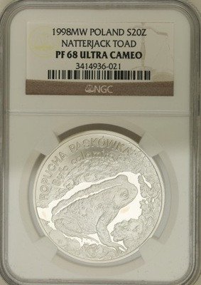 20 zł 1998 Ropucha Paskówka NGC PF68 ULTRA CAMEO