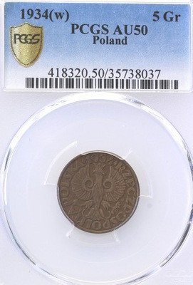 II RP 5 groszy 1934 PCGS AU50 RZADKOŚĆ