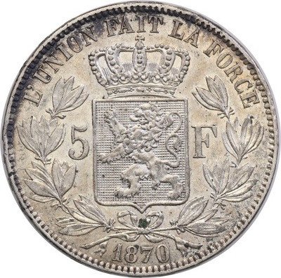 Belgia 5 franków 1870 st.2+